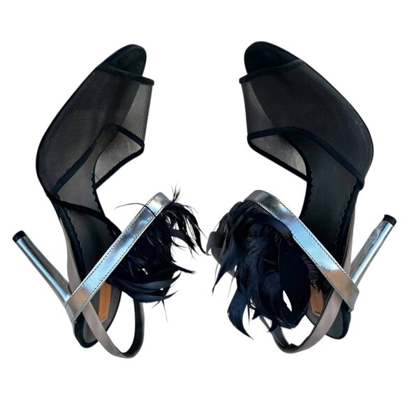 Reed Krakoff Black Mesh & Silver Leather Heels W/ Feathers Size 6.5 EU Size 37.5 - Picture 5 of 15